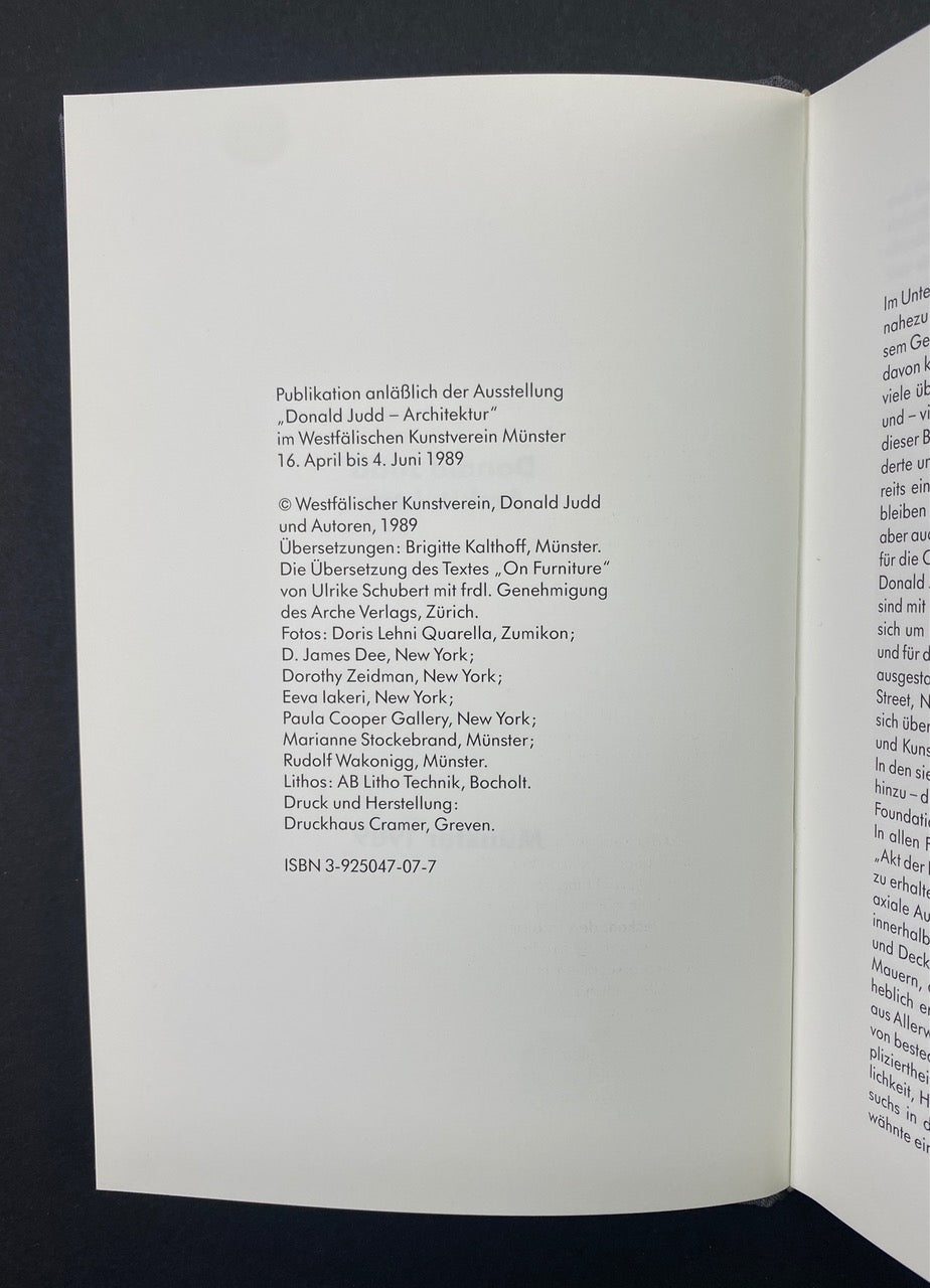 Donald Judd: Architektur 1989, First Edition -HANDSIGNED- by Donald JUDD - Hardcover