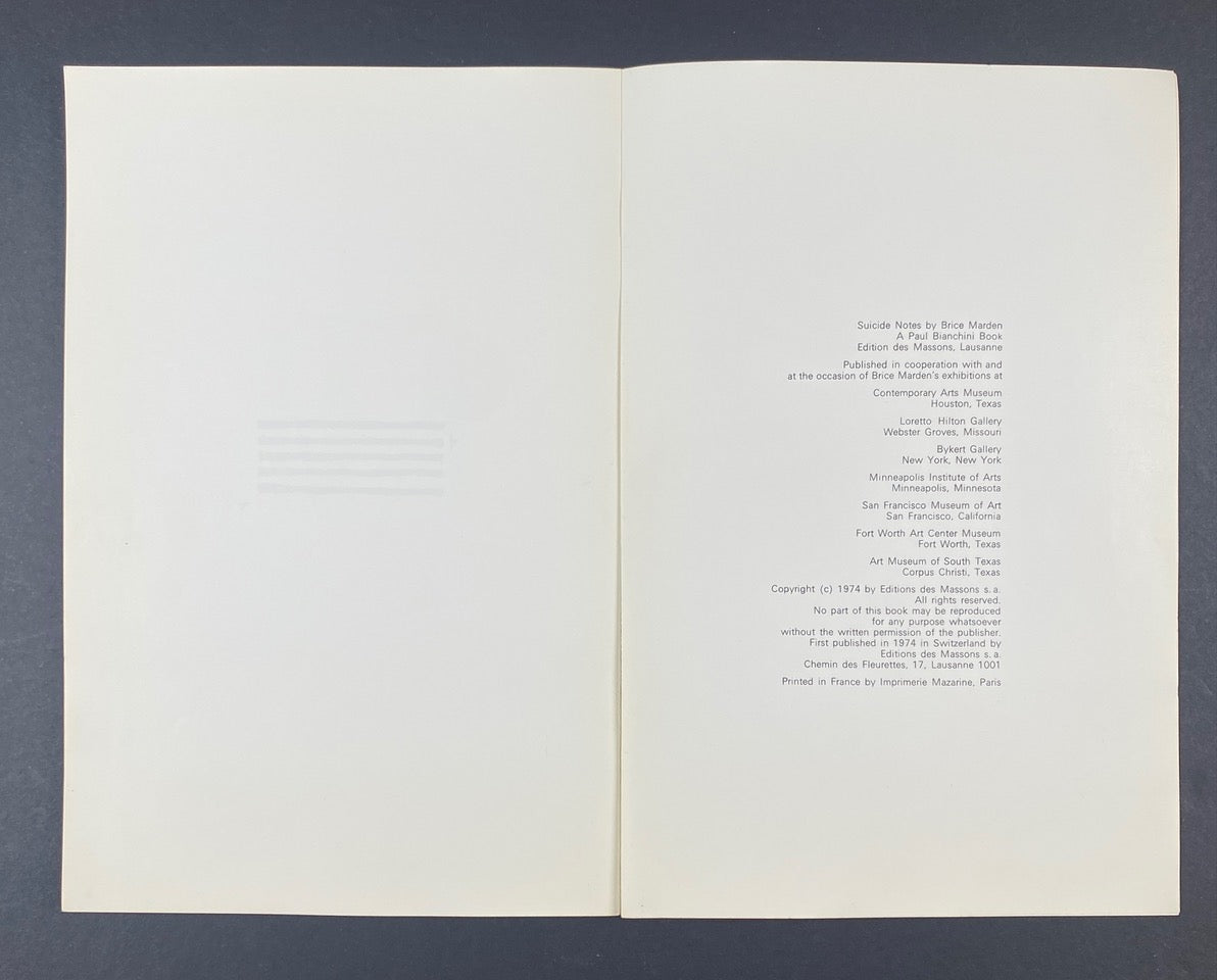 Brice Marden: Sucide Notes, 1974, First Edition - Softcover