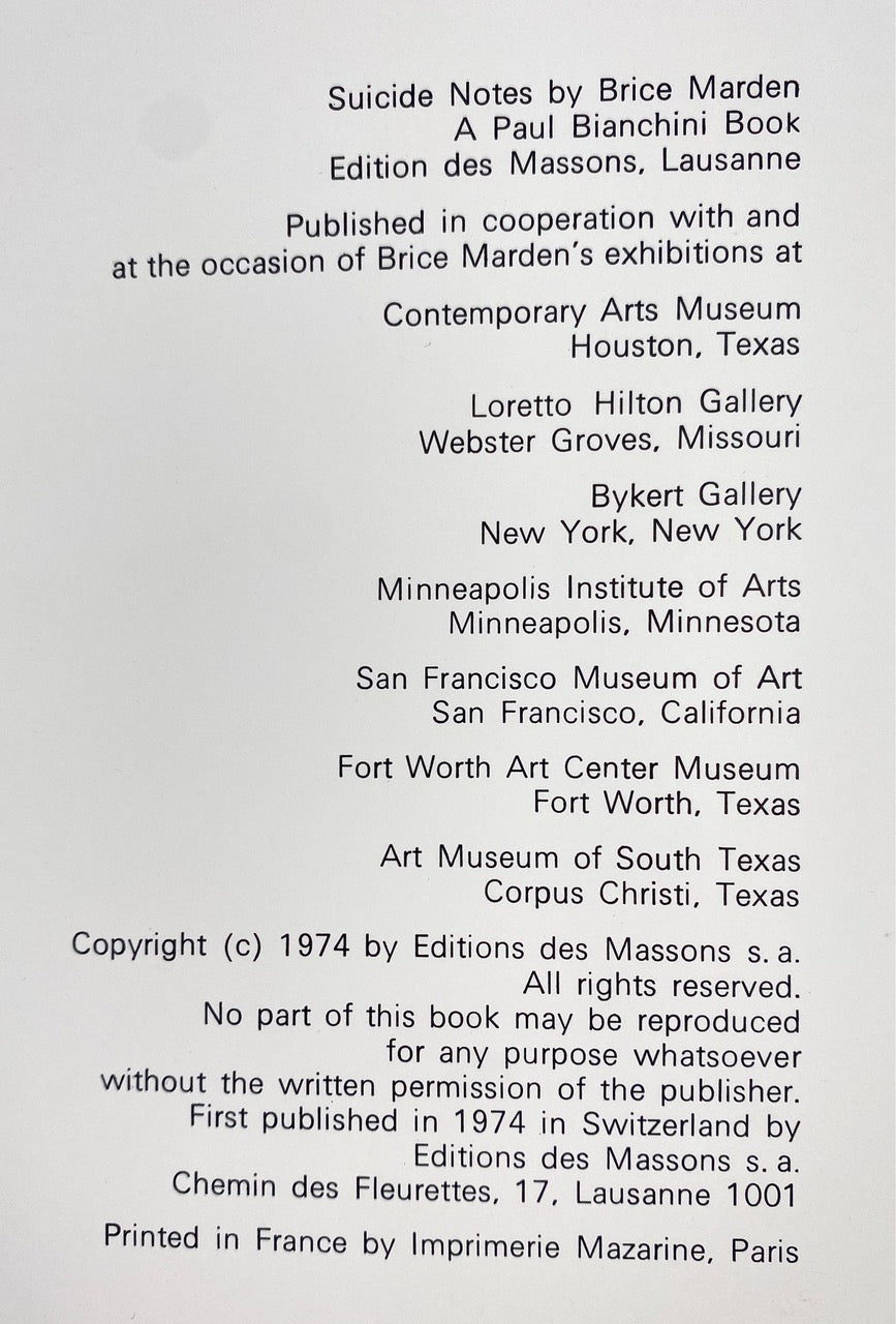 Brice Marden: Sucide Notes, 1974, First Edition - Softcover