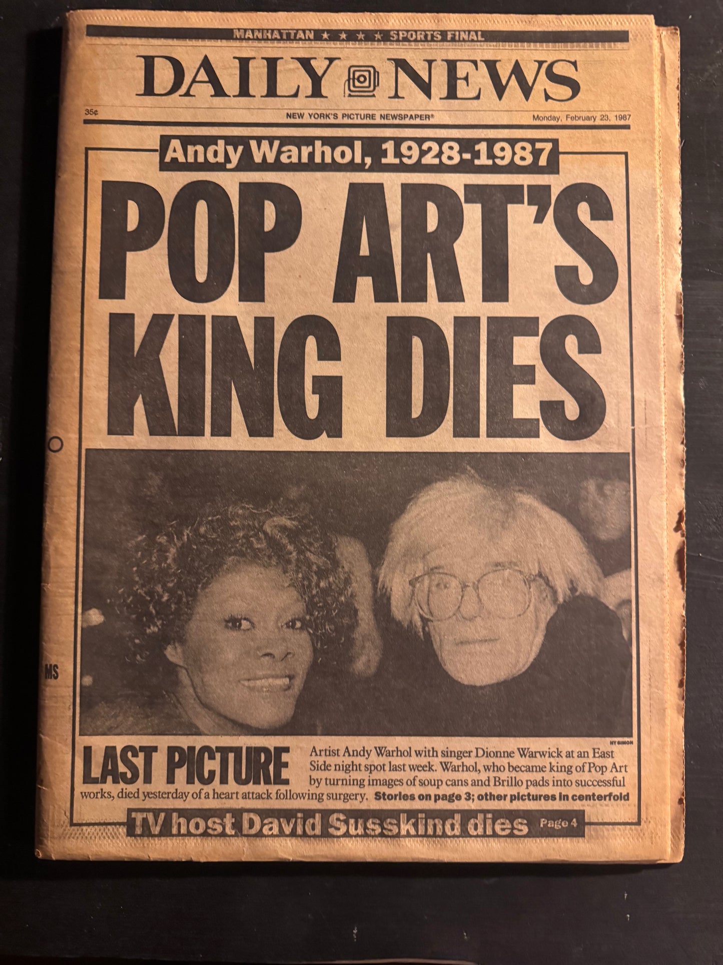 Andy Warhol – NY Daily News Todesmeldung (23. Februar 1987) – Originale Zeitung