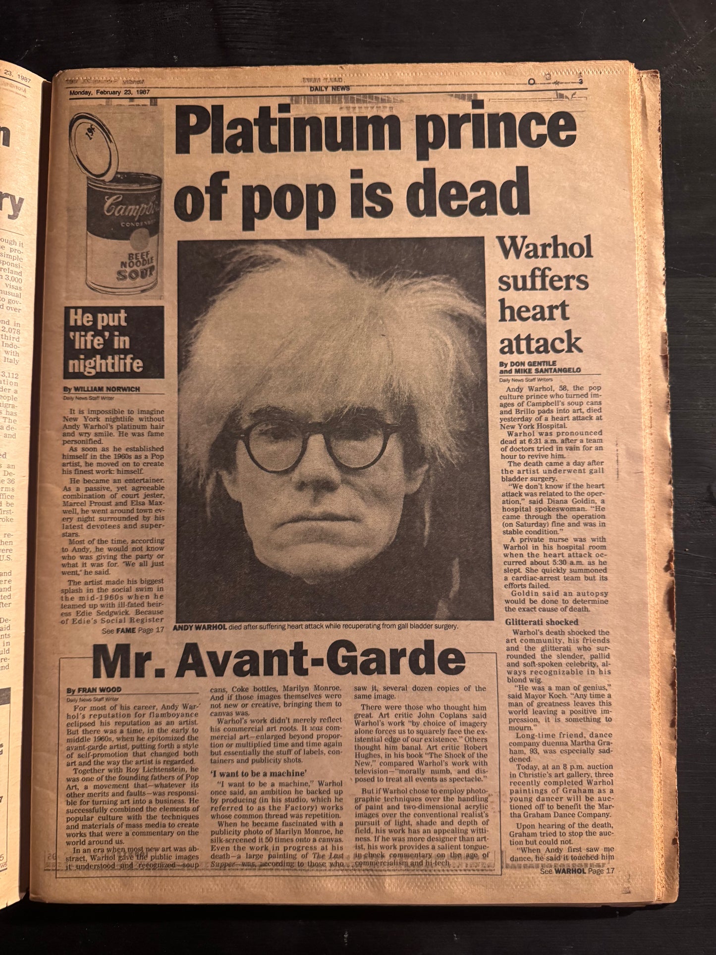 Andy Warhol – NY Daily News Todesmeldung (23. Februar 1987) – Originale Zeitung