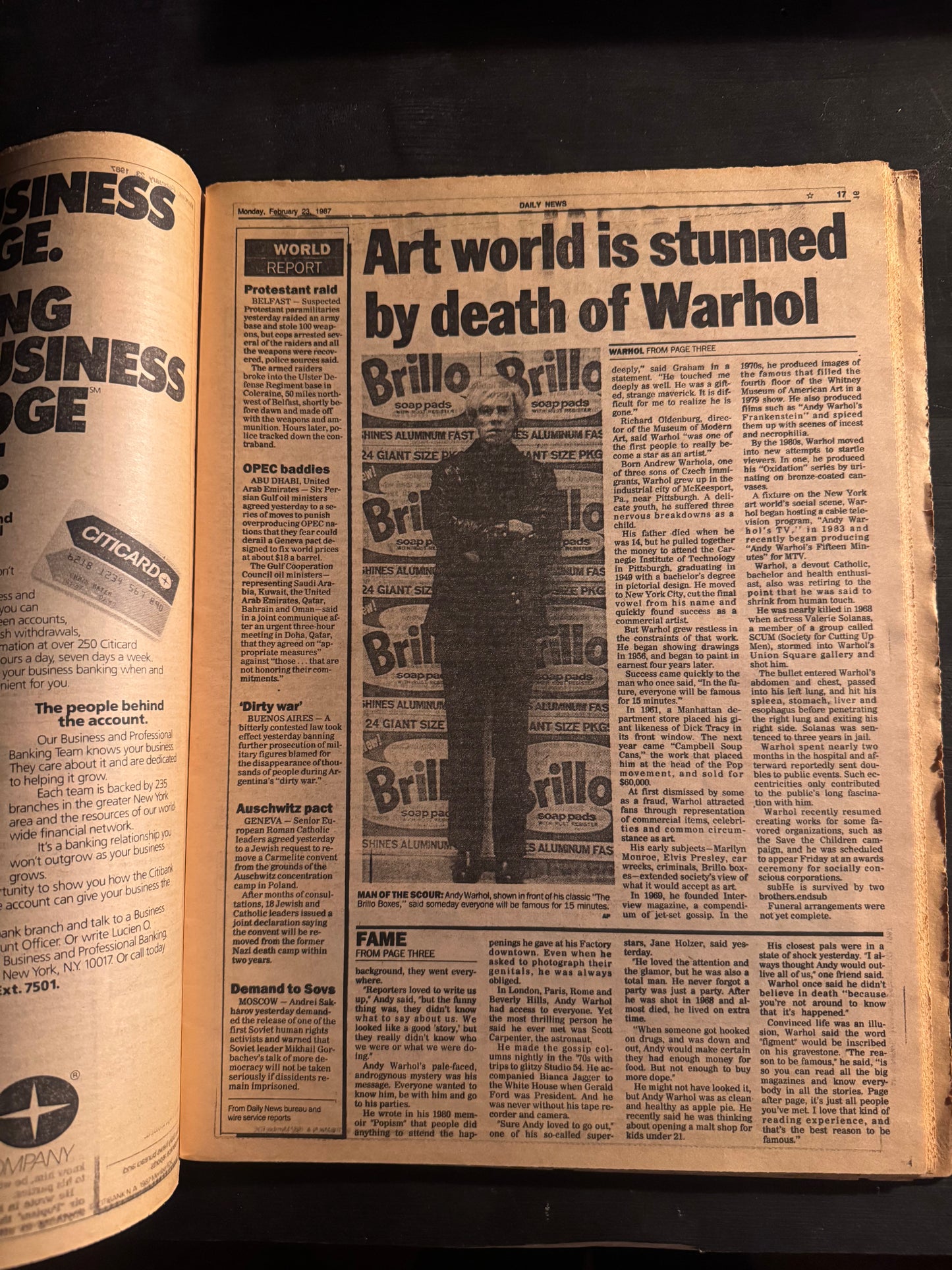 Andy Warhol – NY Daily News Todesmeldung (23. Februar 1987) – Originale Zeitung