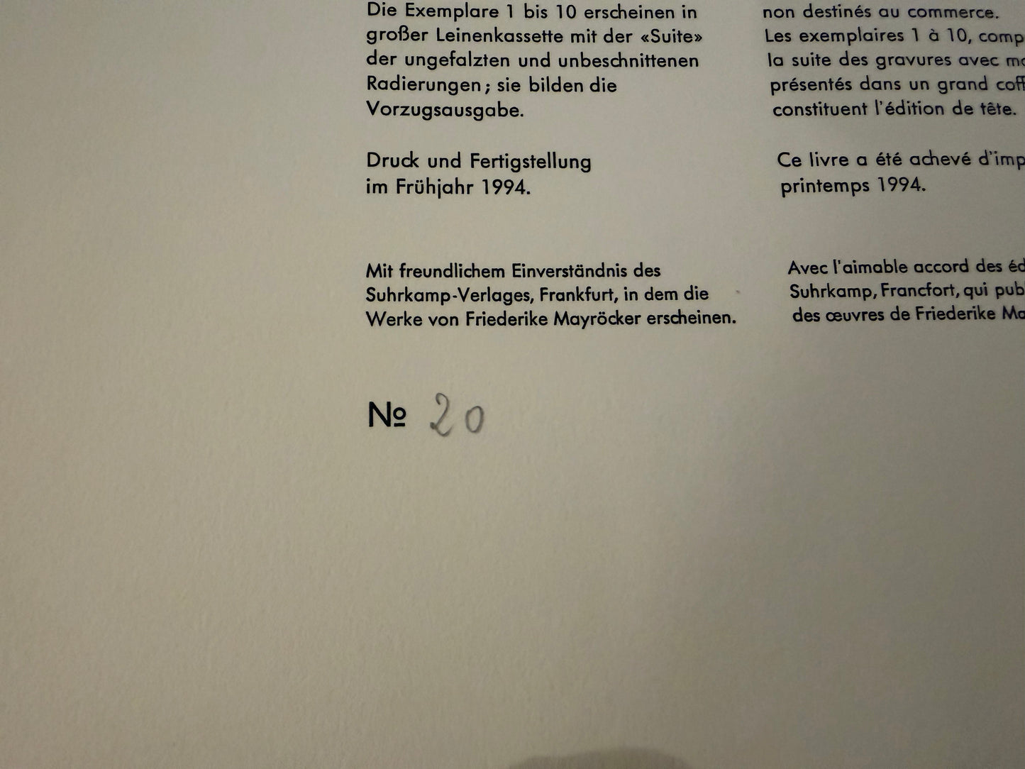 Friederike Mayröcker – »ziemlich Gedichtkopfkissen / presque oreiller-poème« · Künstlerbuch, Erstausgabe 1994, Nr. 20/70, handsigniert